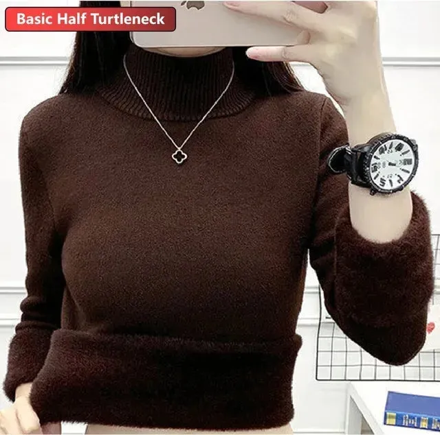 Korean Turtleneck Slim Thicken Knitted Pullovers Woman 2024 Winter Plus Velvet Sweater Casual Fleece Lined Warm Knitwear Tops