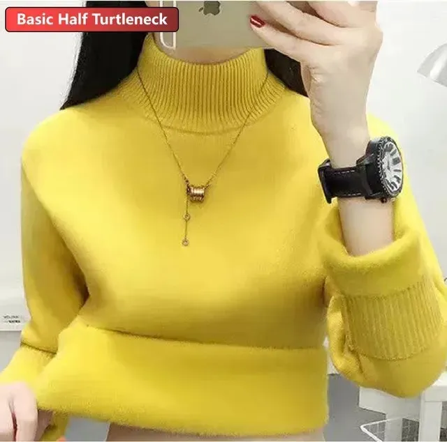 Korean Turtleneck Slim Thicken Knitted Pullovers Woman 2024 Winter Plus Velvet Sweater Casual Fleece Lined Warm Knitwear Tops