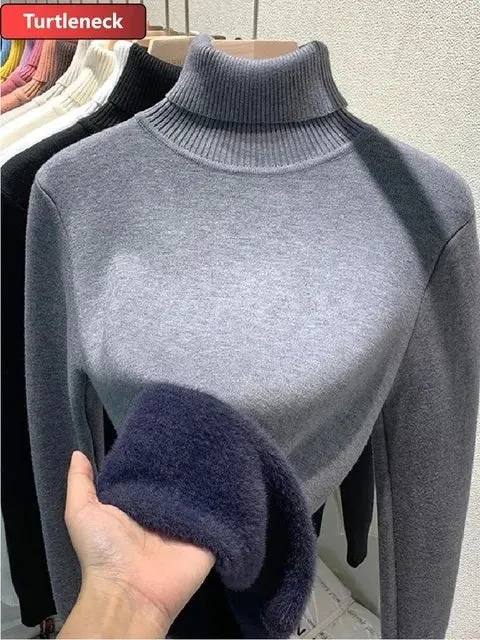 Korean Turtleneck Slim Thicken Knitted Pullovers Woman 2024 Winter Plus Velvet Sweater Casual Fleece Lined Warm Knitwear Tops