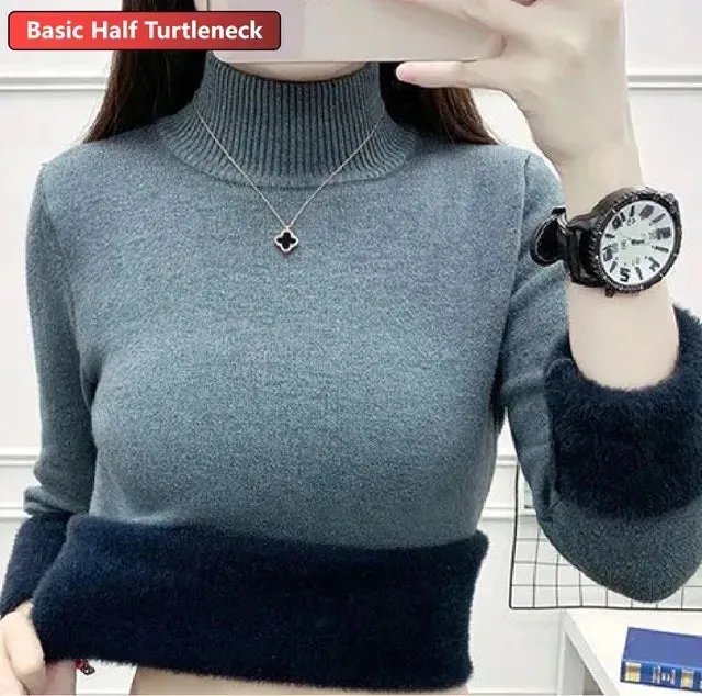 Korean Turtleneck Slim Thicken Knitted Pullovers Woman 2024 Winter Plus Velvet Sweater Casual Fleece Lined Warm Knitwear Tops