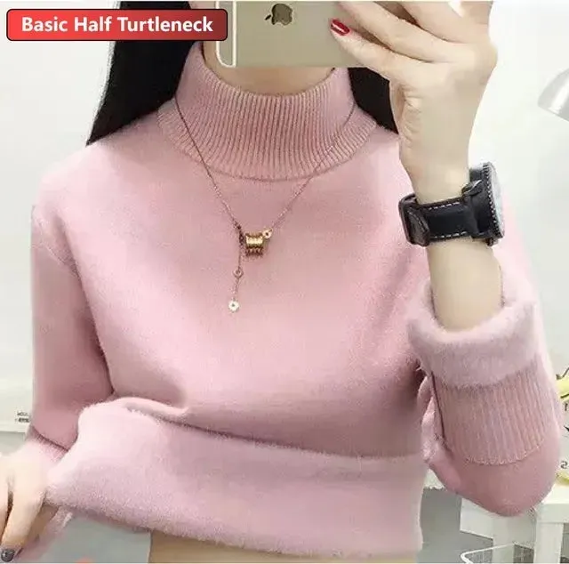 Korean Turtleneck Slim Thicken Knitted Pullovers Woman 2024 Winter Plus Velvet Sweater Casual Fleece Lined Warm Knitwear Tops