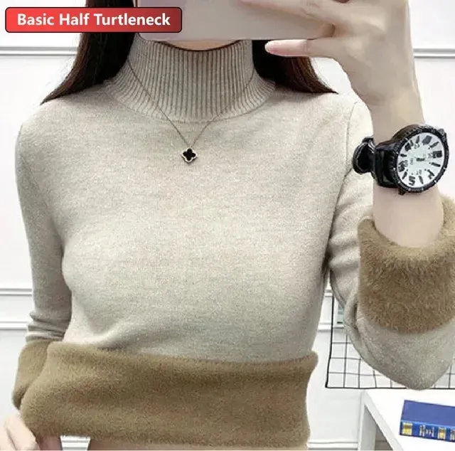 Korean Turtleneck Slim Thicken Knitted Pullovers Woman 2024 Winter Plus Velvet Sweater Casual Fleece Lined Warm Knitwear Tops