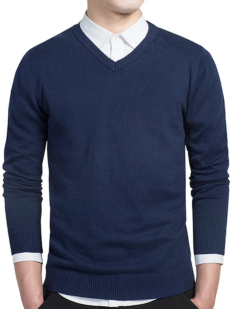 Men'S Solid Colour V-Neck Long Sleeve Sweater