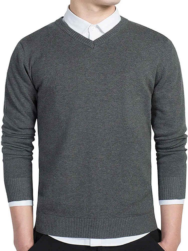 Men'S Solid Colour V-Neck Long Sleeve Sweater