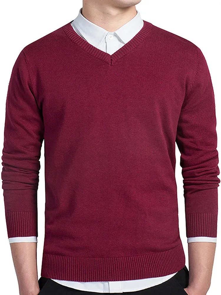 Men'S Solid Colour V-Neck Long Sleeve Sweater