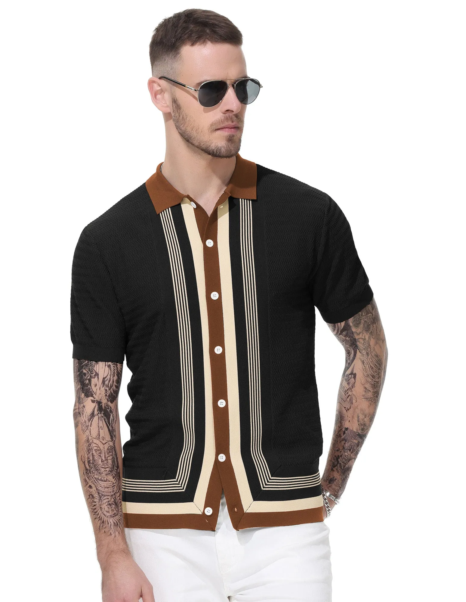 Men's Vintage Stripe Knit Polo Shirts Short Sleeve Stylish Button Down Cardigan Sweater