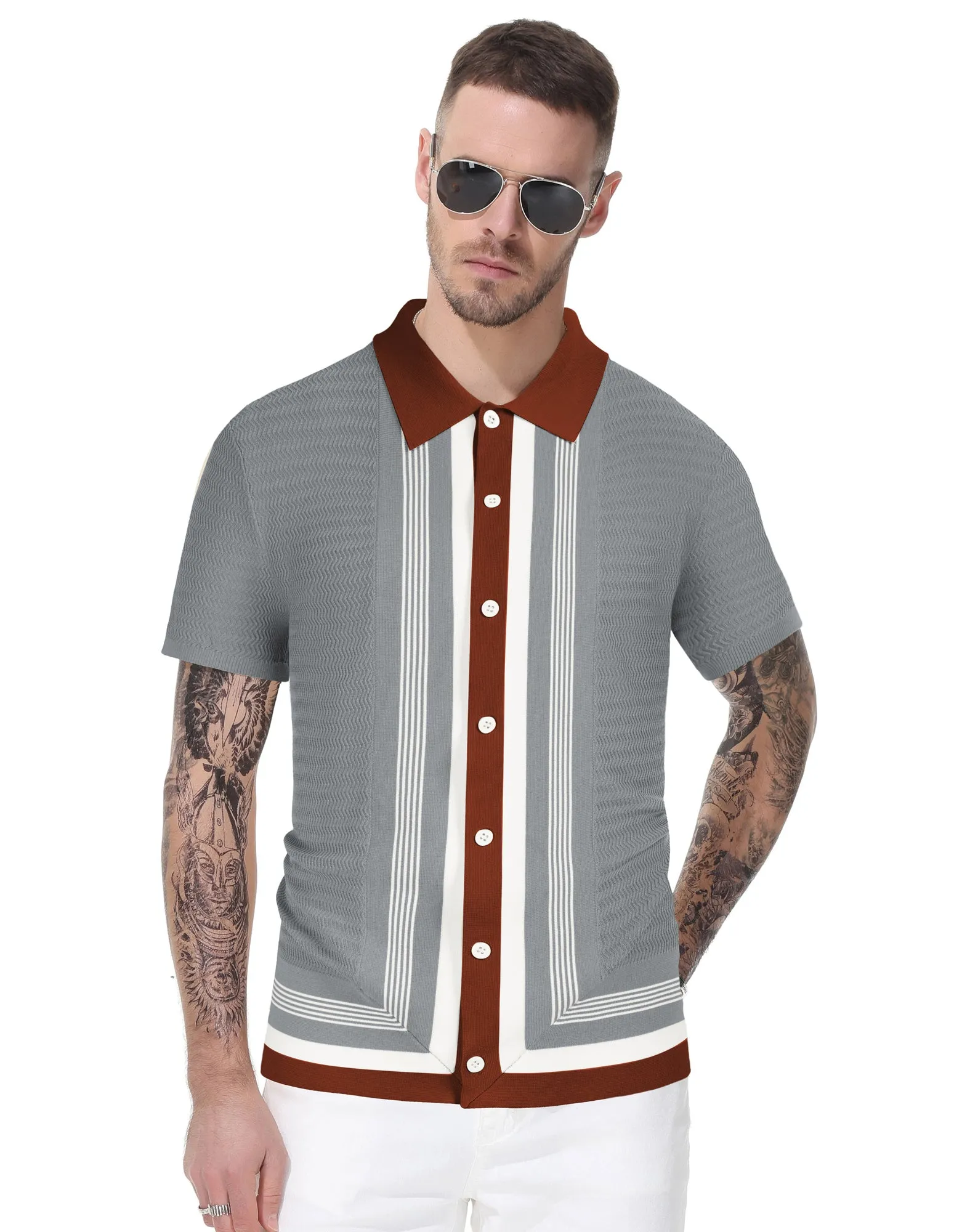 Men's Vintage Stripe Knit Polo Shirts Short Sleeve Stylish Button Down Cardigan Sweater