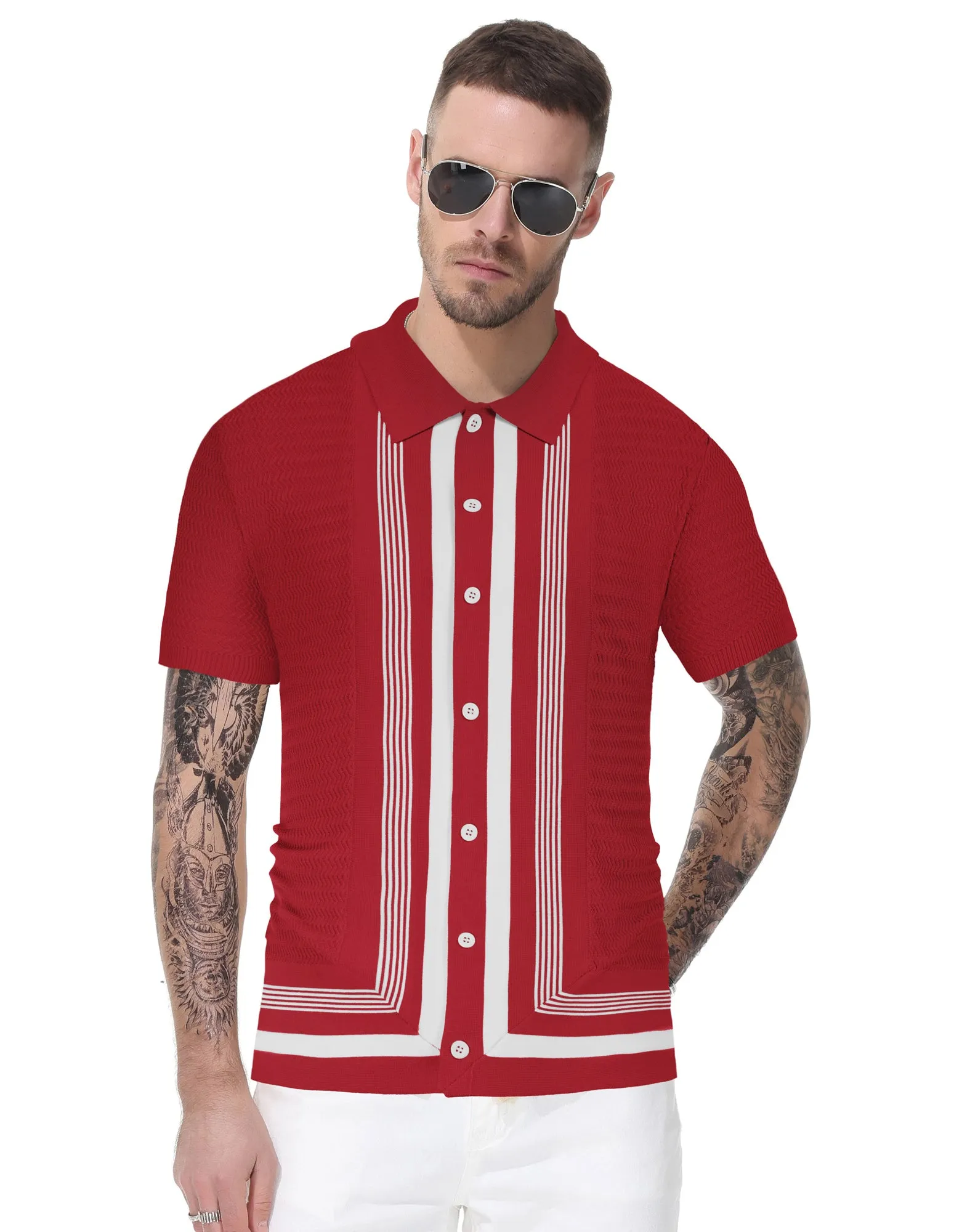 Men's Vintage Stripe Knit Polo Shirts Short Sleeve Stylish Button Down Cardigan Sweater