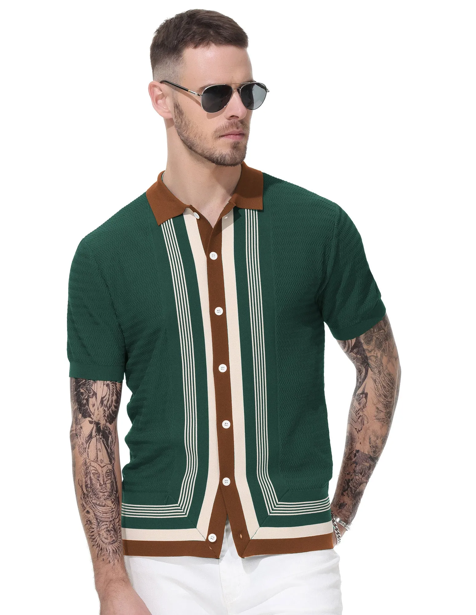 Men's Vintage Stripe Knit Polo Shirts Short Sleeve Stylish Button Down Cardigan Sweater