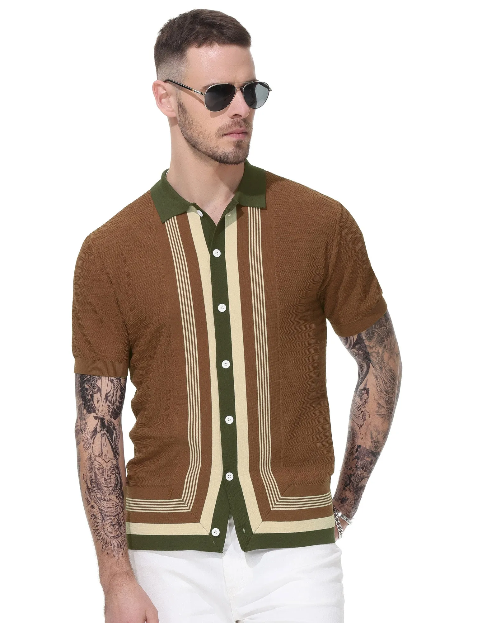 Men's Vintage Stripe Knit Polo Shirts Short Sleeve Stylish Button Down Cardigan Sweater