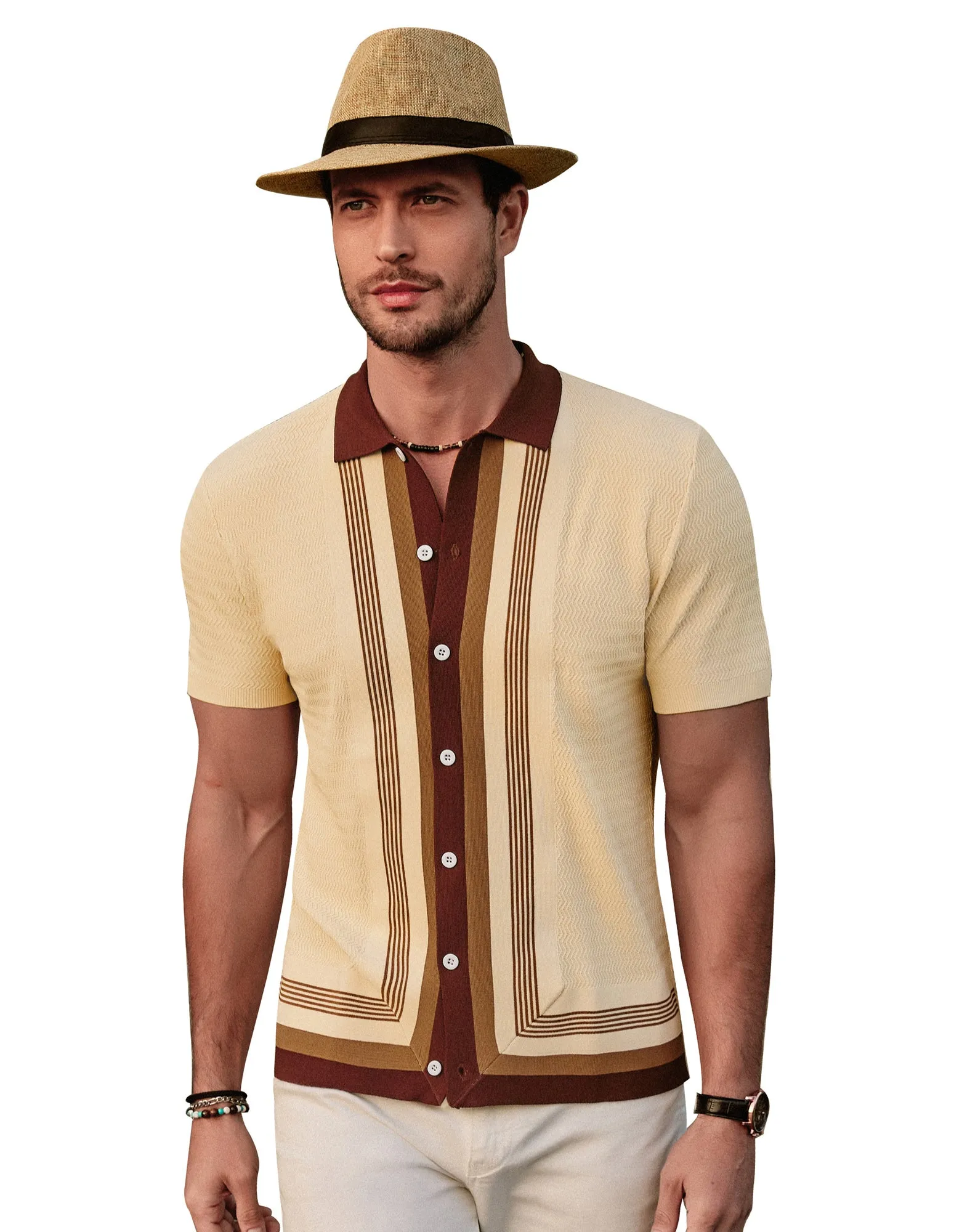 Men's Vintage Stripe Knit Polo Shirts Short Sleeve Stylish Button Down Cardigan Sweater