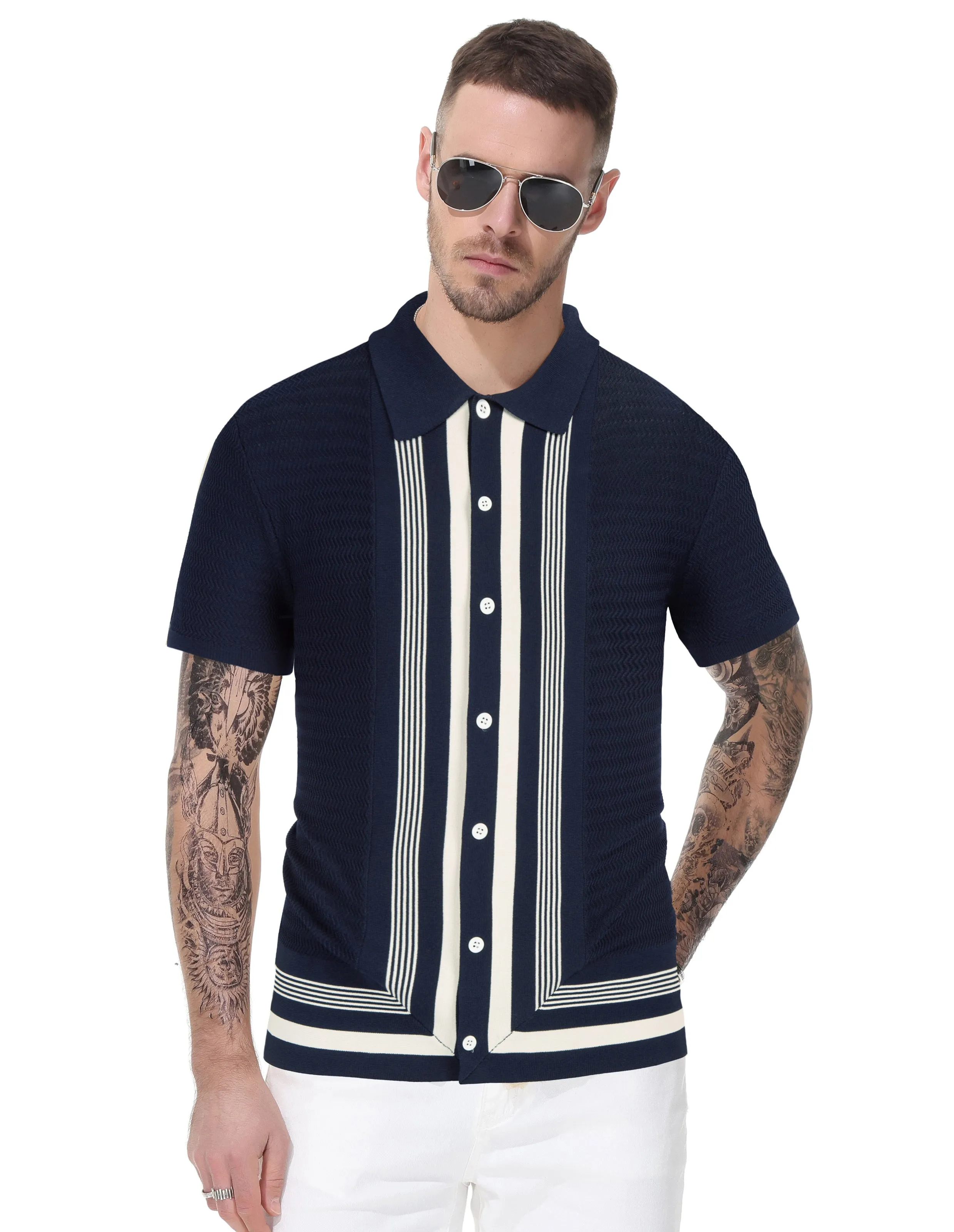 Men's Vintage Stripe Knit Polo Shirts Short Sleeve Stylish Button Down Cardigan Sweater