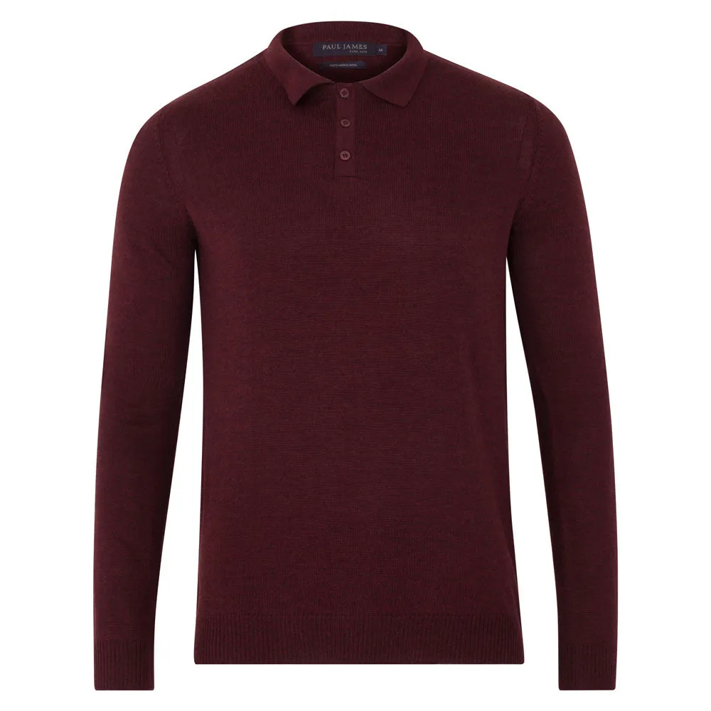 Mens XS Fine Merino Wool Long Sleeve Polo Shirt