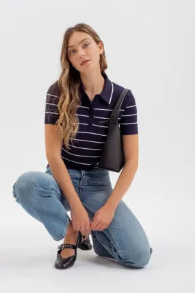 Naomi Short Sleeve Stripe Print Knit Top Navy