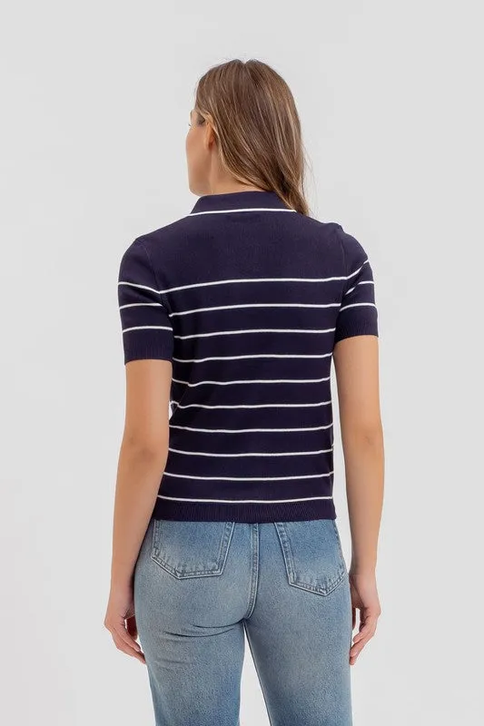 Naomi Short Sleeve Stripe Print Knit Top Navy