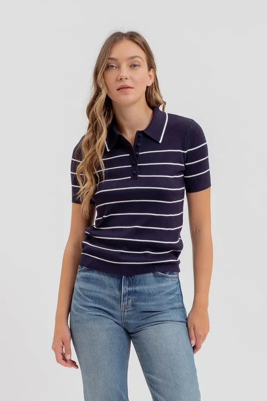 Naomi Short Sleeve Stripe Print Knit Top Navy