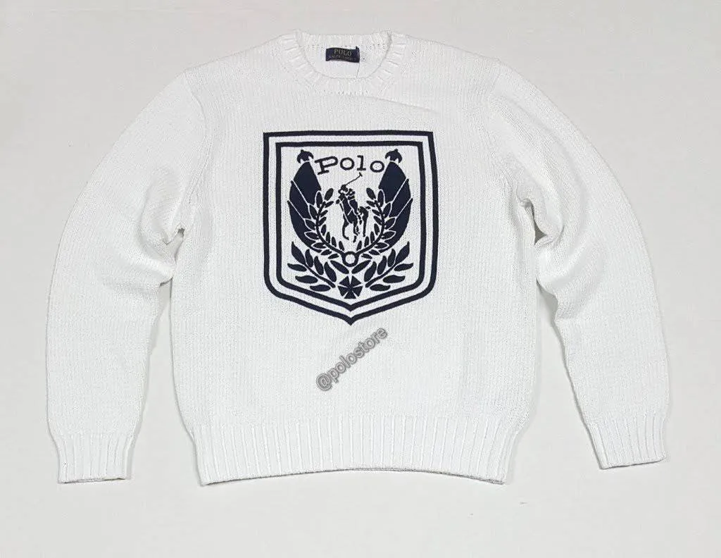 Nwt Polo Ralph Lauren White Uni Crest Embroidered Classic Fit Sweater