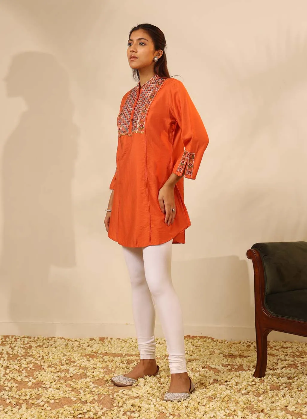 Orange Collared Tunic with Intricate Embroidery and Bell Sleeves