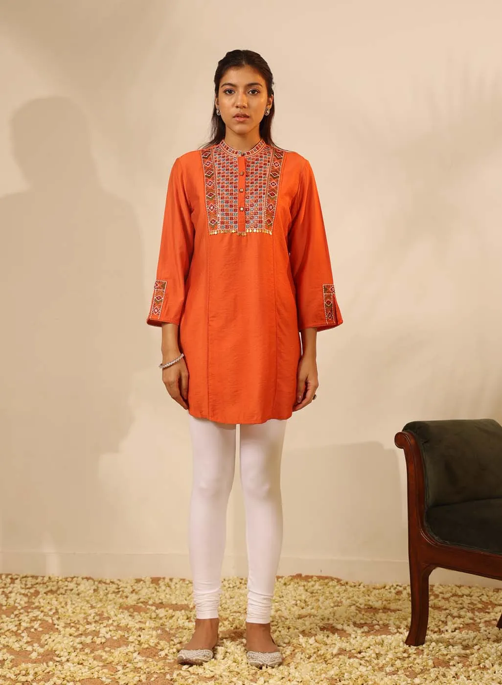 Orange Collared Tunic with Intricate Embroidery and Bell Sleeves