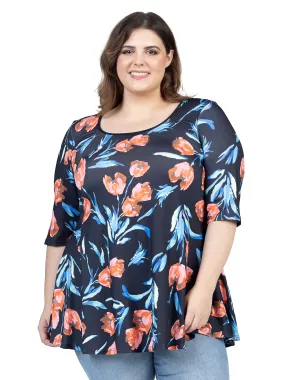 Plus Size Black Tulip Print Elbow Sleeve Casual Tunic Top