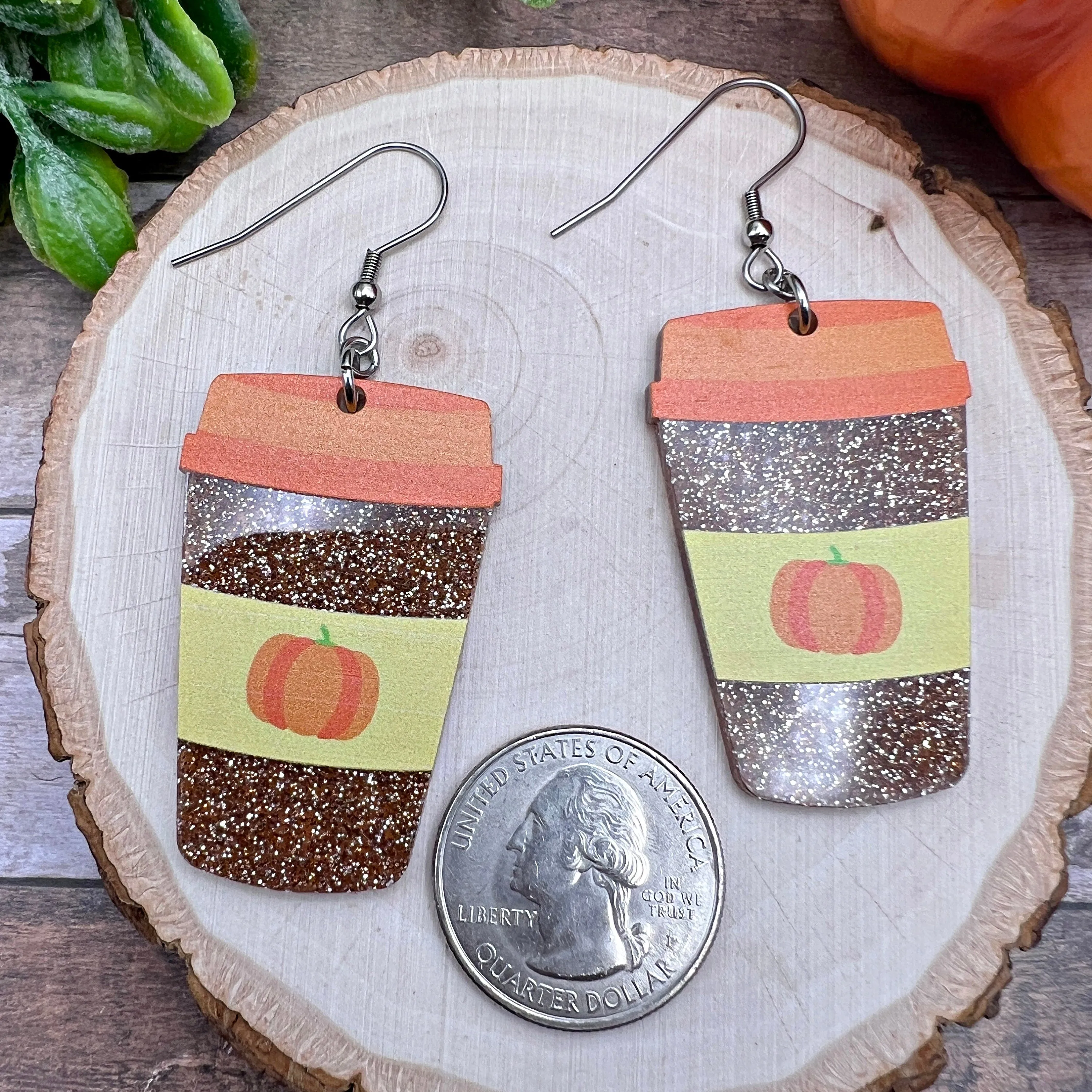 Pumpkin Spice Latte Coffee Glitter Acrylic Earrings - Fall Theme Food Drink