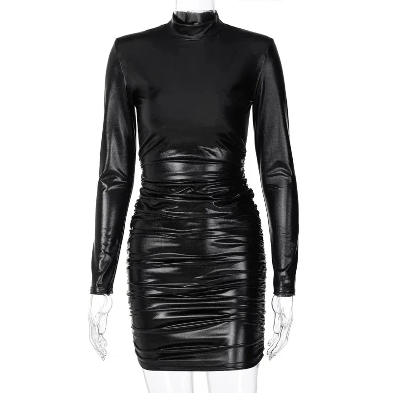 Ruched Turtleneck Long Sleeve Bodycon Mini Dress