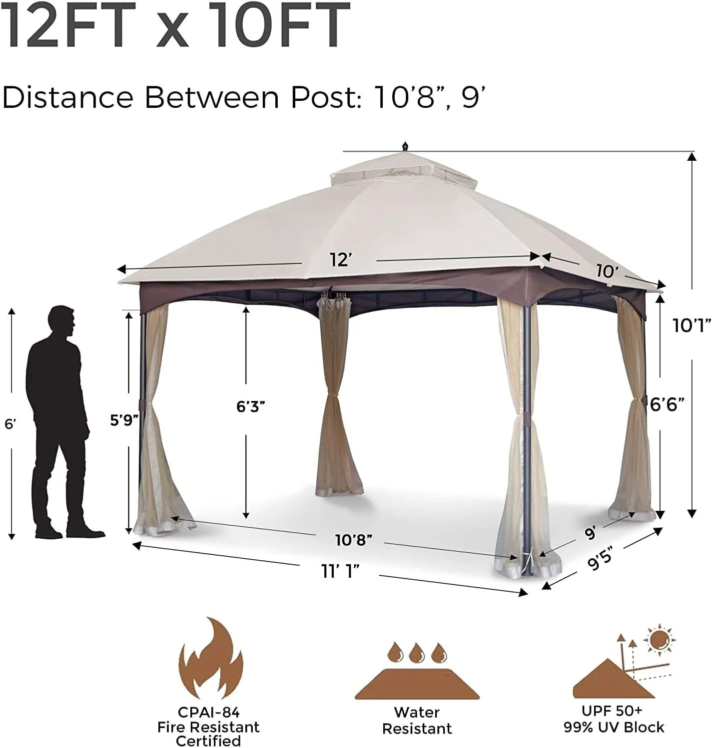 SANNWSG Heavy Duty Garden Gazebo,Pavilion Gazebo with Mosquito Netting, 10x12FT Patios Canopy Outdoor Waterproof,Backyard Gazebo with Galvanized Steel Frame