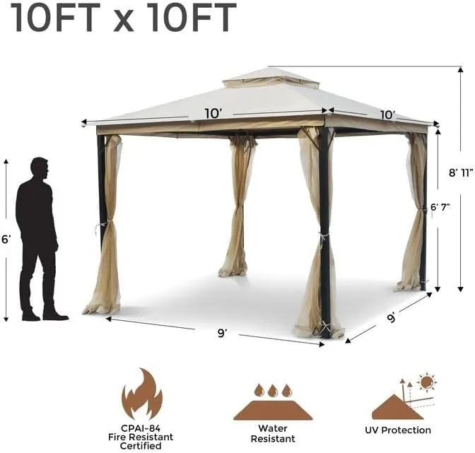 SANNWSG Heavy Duty Garden Gazebo,Pavilion Gazebo with Mosquito Netting, 10x12FT Patios Canopy Outdoor Waterproof,Backyard Gazebo with Galvanized Steel Frame