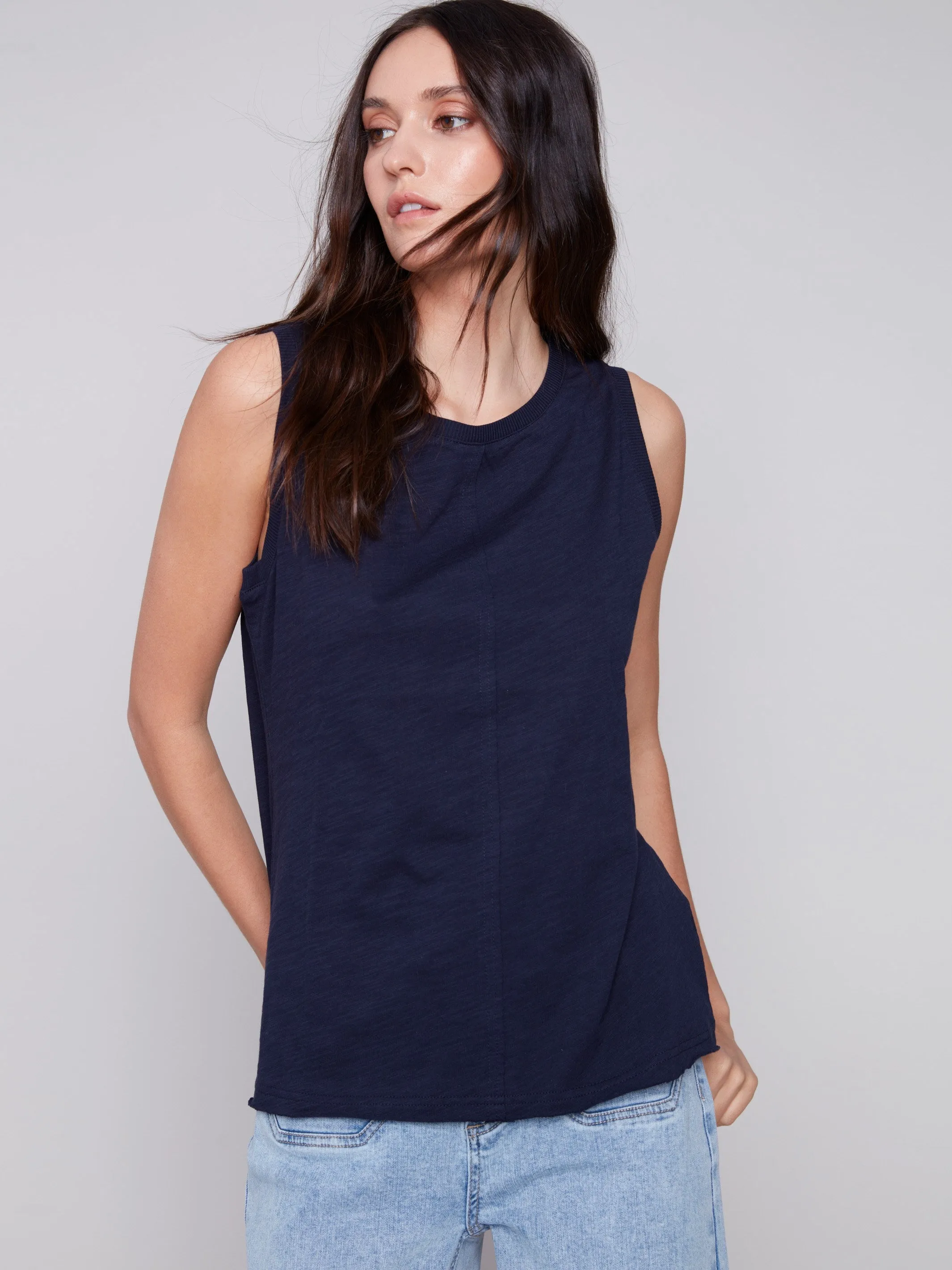 Sleeveless Organic Cotton Slub Knit Top - Navy