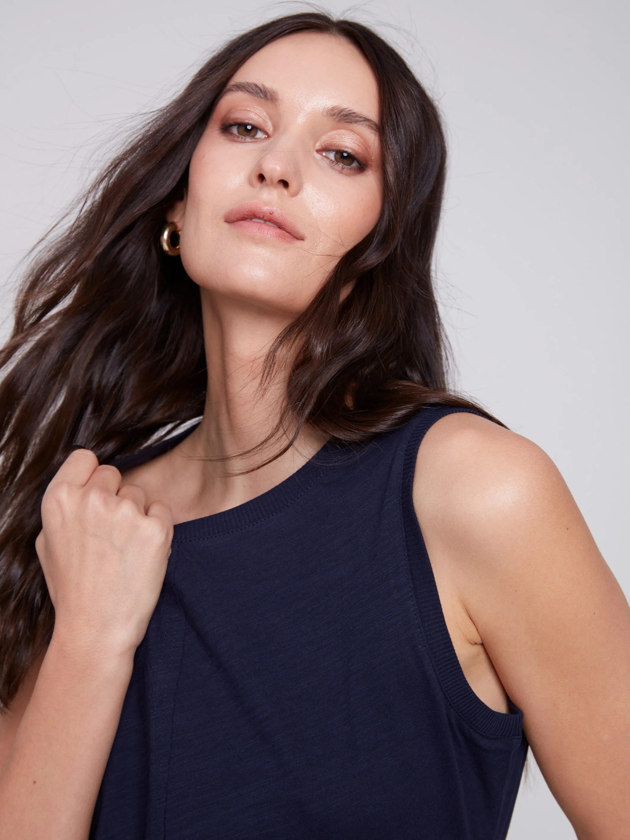 Sleeveless Organic Cotton Slub Knit Top - Navy