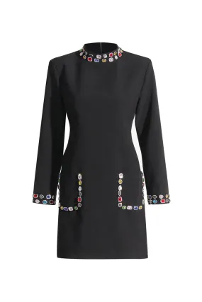 Sparkly Colored Rhinestone Mock Neck Long Sleeve Crepe Party Mini Dress