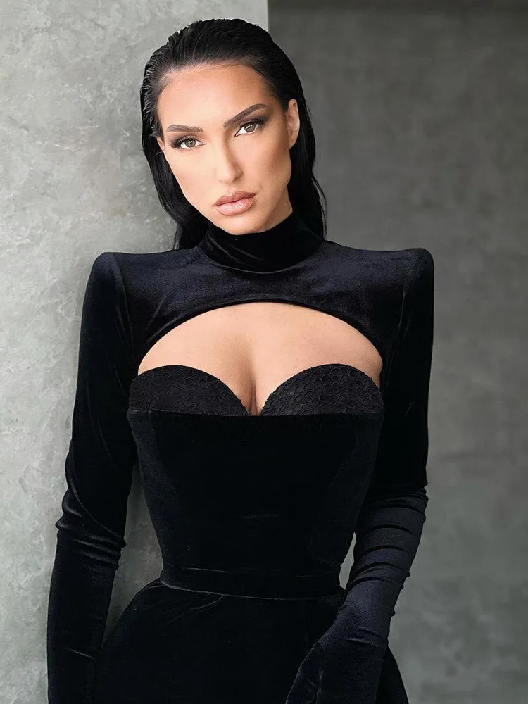 Toleet Elegant Long Dress Hollow Out Gloves Partywear Mall Goth Women Black Velvet Sexy Aesthetic Bodycon Trumpet Dress