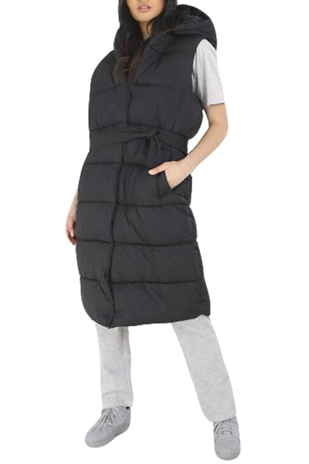 Womens Black Padded Long Gilet Hooded Puffer Jacket