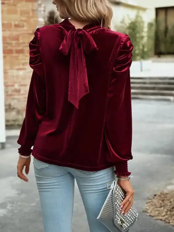 Women’s gold velvet turtleneck bow puff sleeve shirt