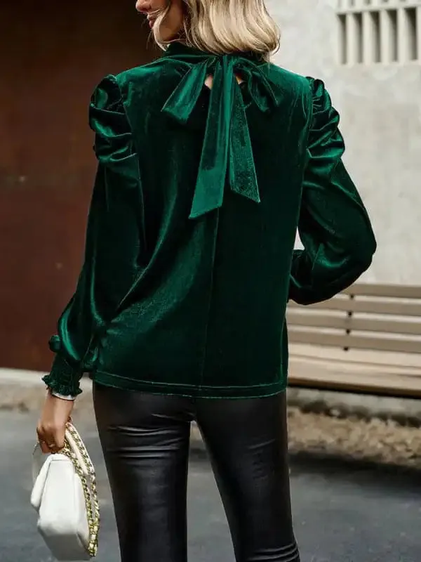 Women’s gold velvet turtleneck bow puff sleeve shirt