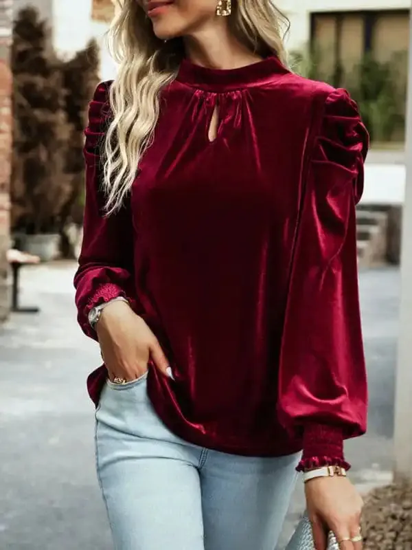 Women’s gold velvet turtleneck bow puff sleeve shirt