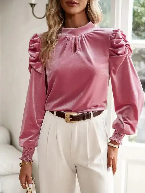 Women’s gold velvet turtleneck bow puff sleeve shirt