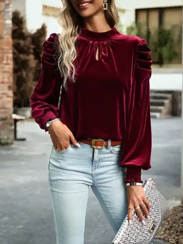 Women’s gold velvet turtleneck bow puff sleeve shirt