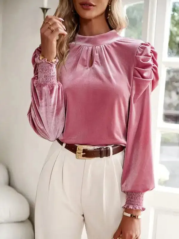 Women’s gold velvet turtleneck bow puff sleeve shirt