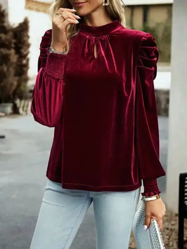 Women’s gold velvet turtleneck bow puff sleeve shirt