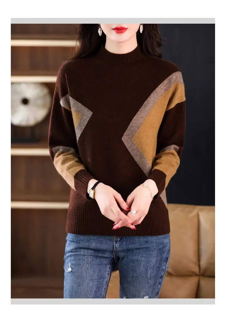 Women's Half Turtleneck Loose-fitting Versatile Sweater Color Matching Knitted Bottoming Shirt