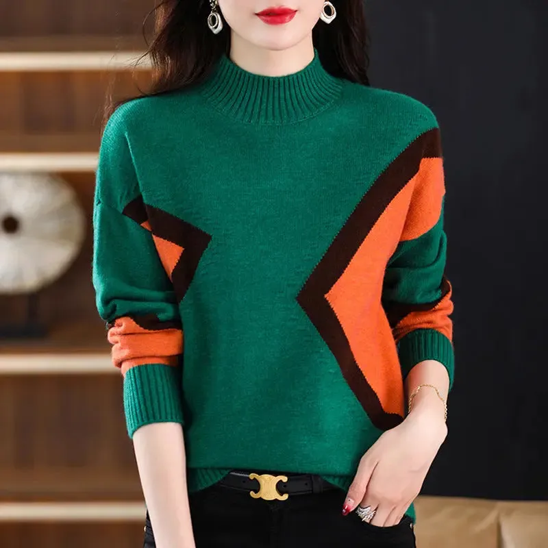 Women's Half Turtleneck Loose-fitting Versatile Sweater Color Matching Knitted Bottoming Shirt